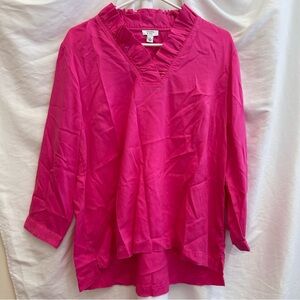 NEW Crown & Ivy Bright Pink V-Neck ruffled long sleeve blouse top, women’s Large
